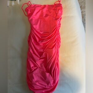 superdown Bright Neon Pink Ruched Slip Dress